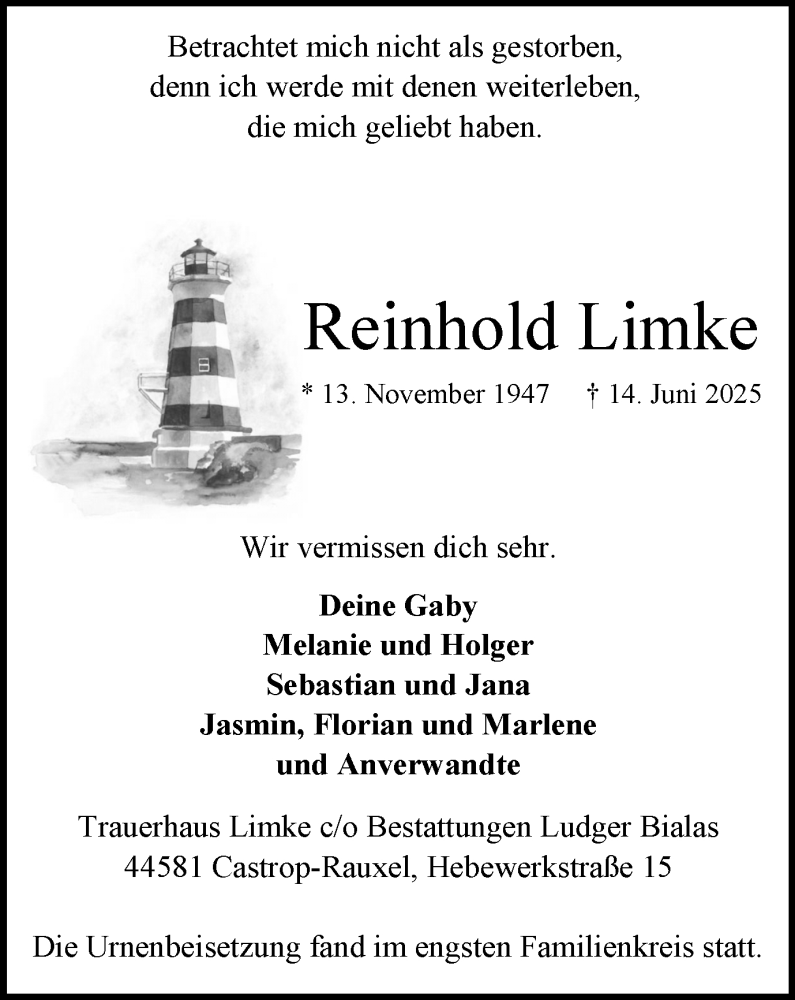  Traueranzeige für Reinhold Limke vom 05.07.2025 aus Stadtanzeiger Castrop-Rauxel