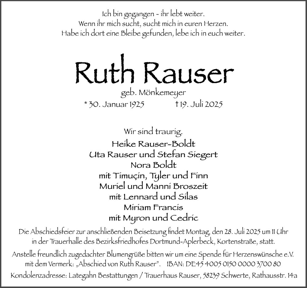  Traueranzeige für Ruth Rauser vom 26.07.2025 aus Ruhr Nachrichten