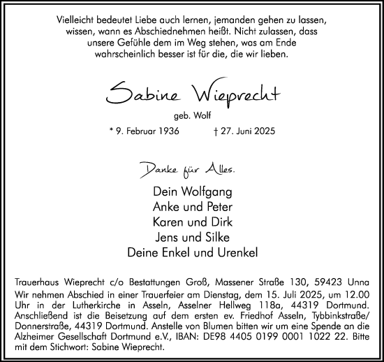Traueranzeige von Sabine Wieprecht von Ruhr Nachrichten