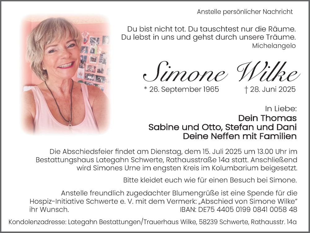  Traueranzeige für Simone Wilke vom 05.07.2025 aus Ruhr Nachrichten
