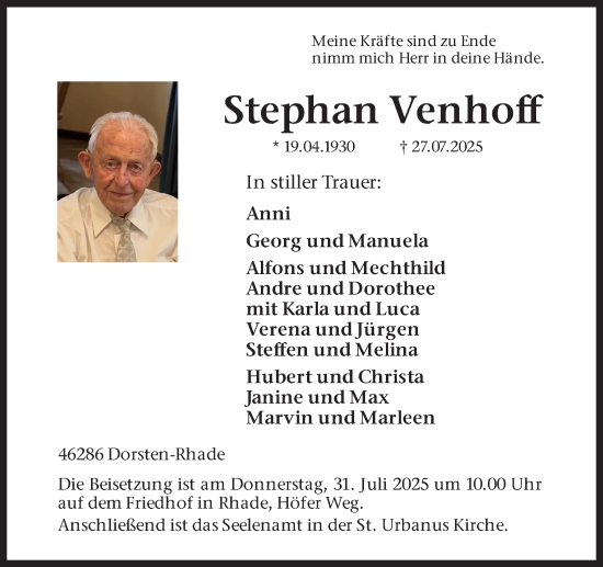 Traueranzeige von Stephan Venhoff von Ruhr Nachrichten und Dorstener Zeitung