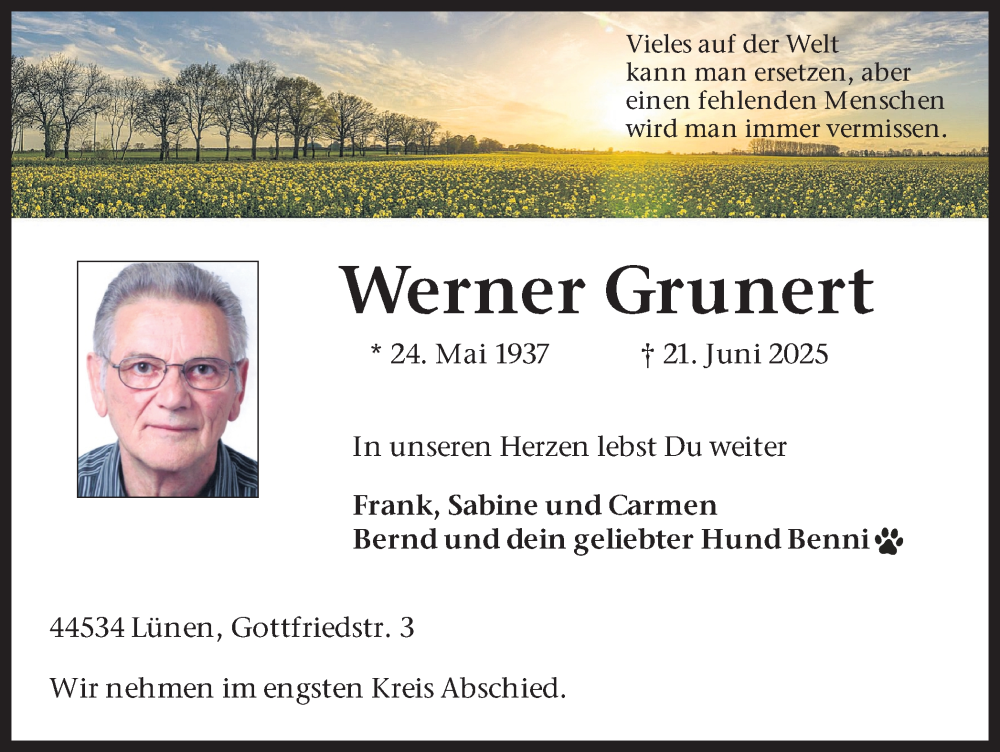  Traueranzeige für Werner Grunert vom 12.07.2025 aus Lüner Anzeiger