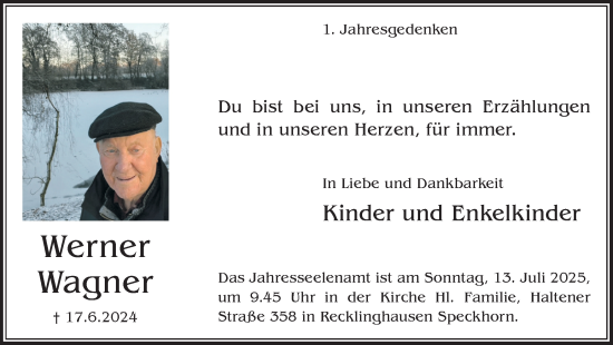 Traueranzeige von Werner Wagner von Trauer Vest