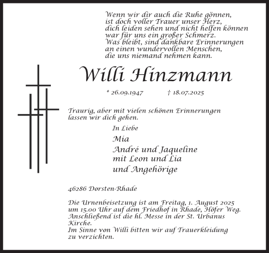 Traueranzeige von Willi Hinzmann von Ruhr Nachrichten und Dorstener Zeitung