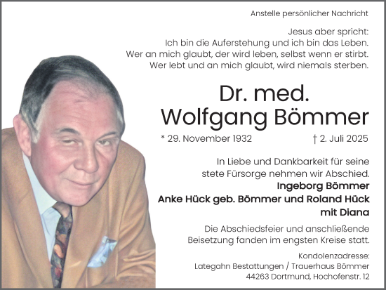 Traueranzeige von Wolfgang Bömmer von Ruhr Nachrichten