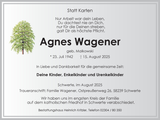 Traueranzeige von Agnes Wagener von Ruhr Nachrichten