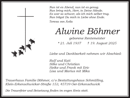 Traueranzeige von Alwine Böhmer von Trauer Vest