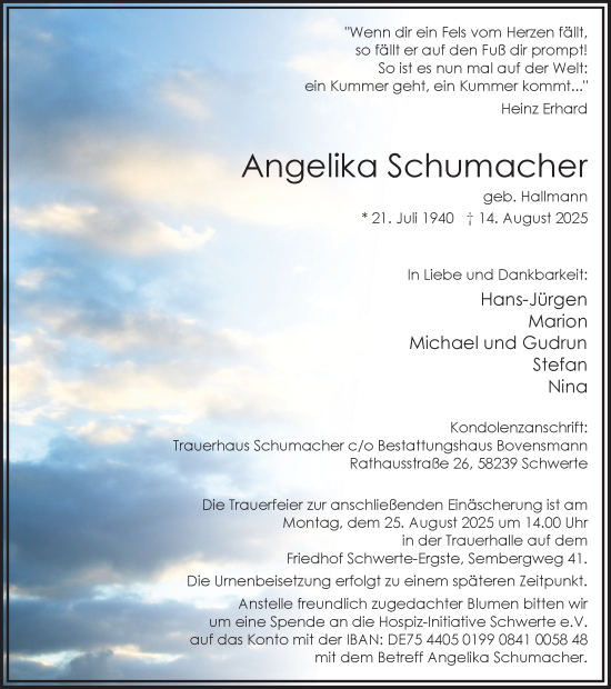Traueranzeige von Angelika Schumacher von Ruhr Nachrichten