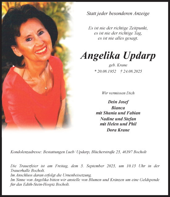 Traueranzeige von Angelika Updarp 