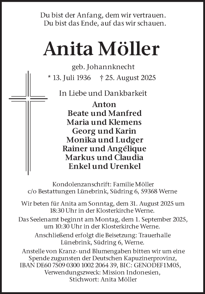  Traueranzeige für Anita Möller vom 30.08.2025 aus Ruhr Nachrichten