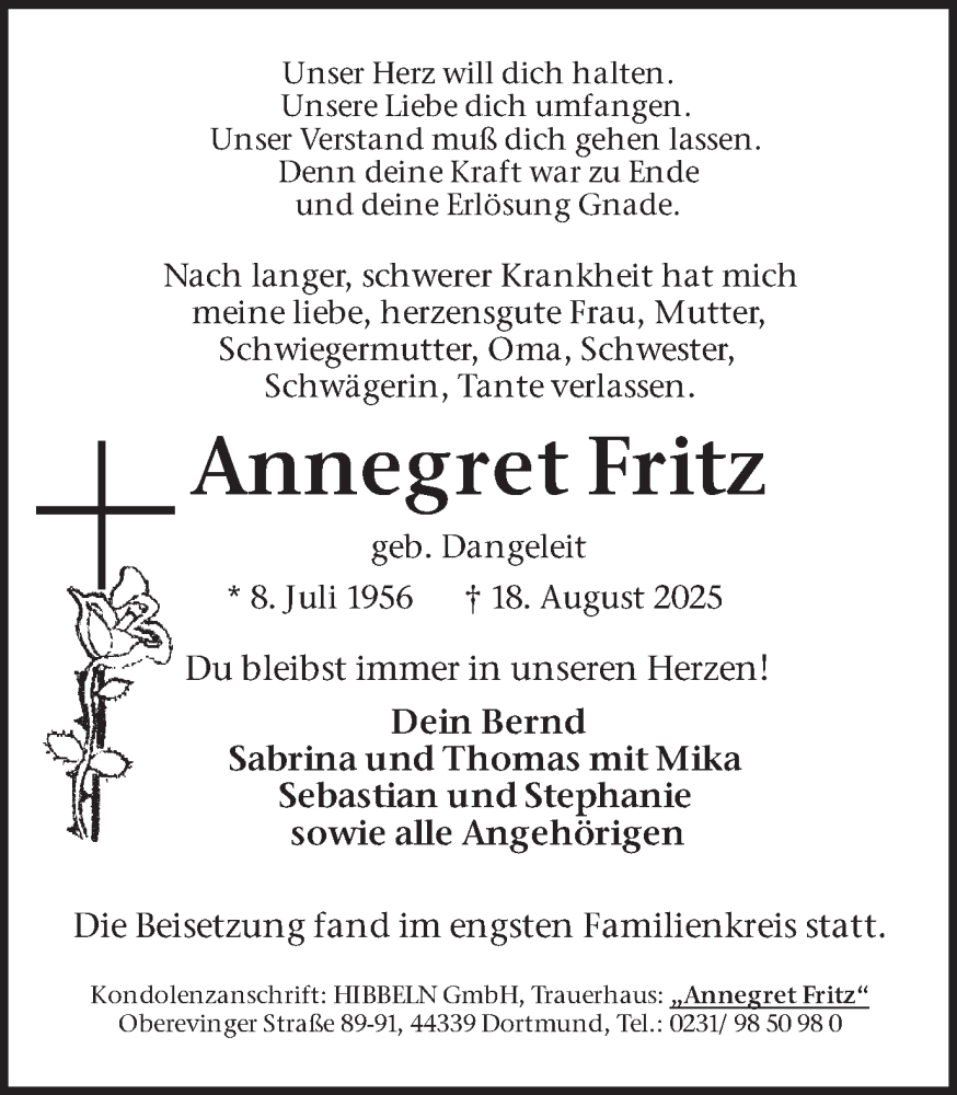  Traueranzeige für Annegret Fritz vom 30.08.2025 aus Ruhr Nachrichten