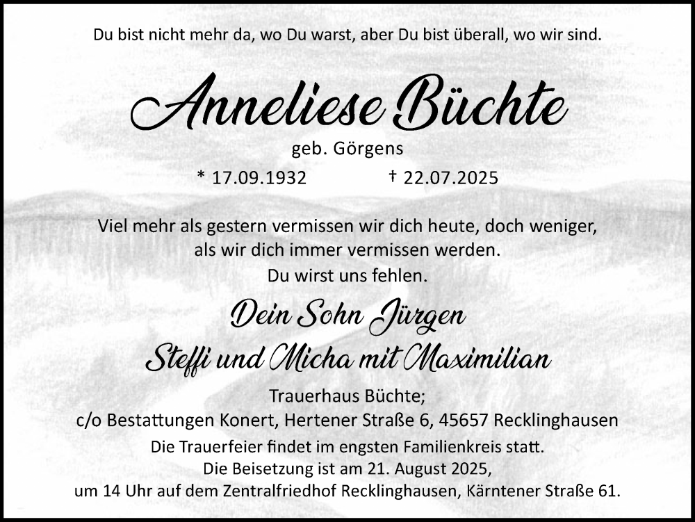  Traueranzeige für Anneliese Büchte vom 09.08.2025 aus Trauer Vest