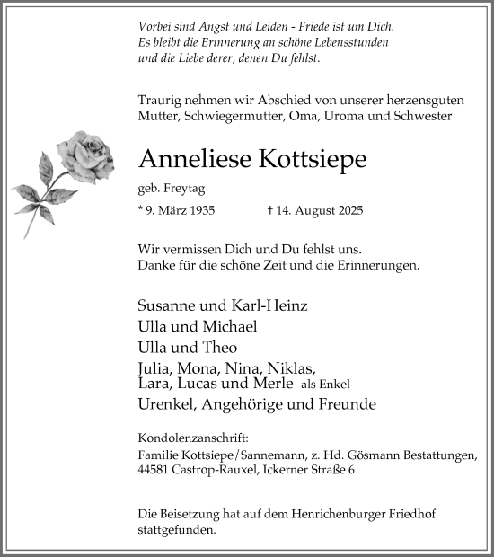 Traueranzeige von Anneliese Kottsiepe von Stadtanzeiger Castrop-Rauxel