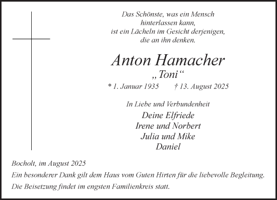 Traueranzeige von Anton Hamacher 
