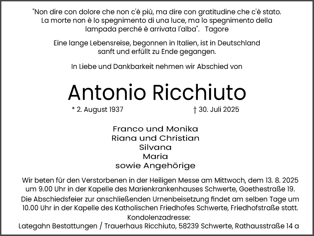 Traueranzeige für Antonio Ricchiuto vom 09.08.2025 aus Ruhr Nachrichten