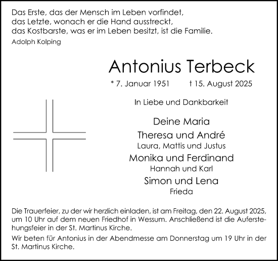Traueranzeige von Antonius Terbeck von Münsterland Zeitung