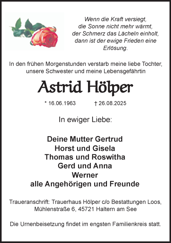 Traueranzeige von Astrid Hölper von Ruhr Nachrichten und Halterner Zeitung