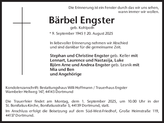 Traueranzeige von Bärbel Engster von Ruhr Nachrichten