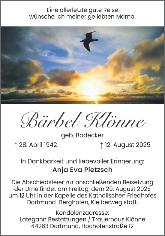 Traueranzeige von Bärbel Klönne von Ruhr Nachrichten