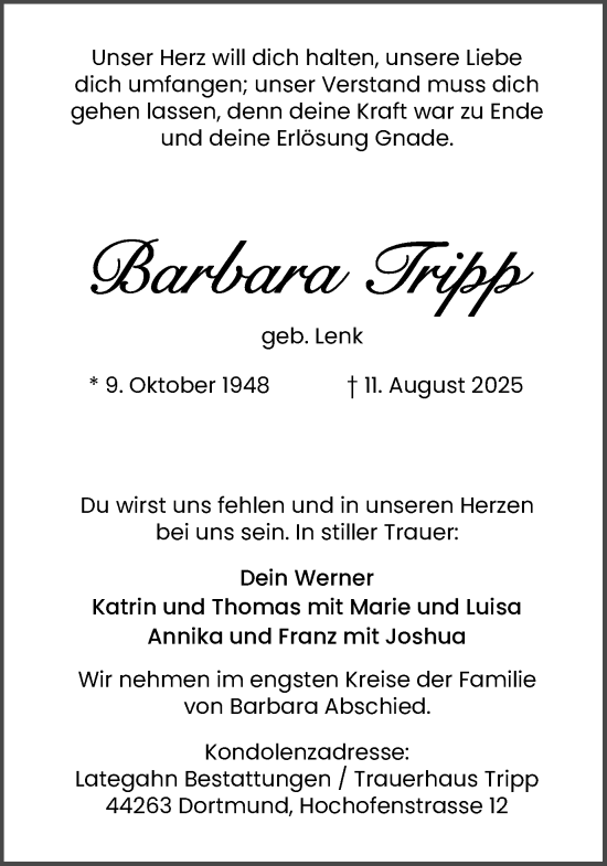 Traueranzeige von Barbara Tripp von Ruhr Nachrichten