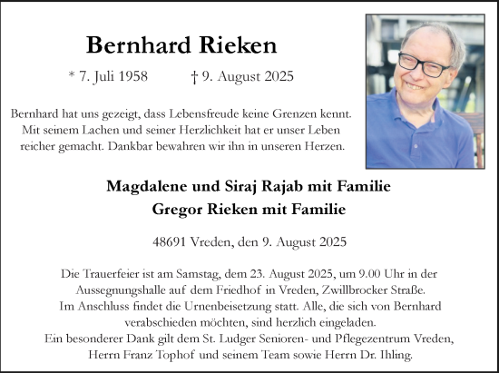 Traueranzeige von Bernhard Rieken von Münsterland Zeitung