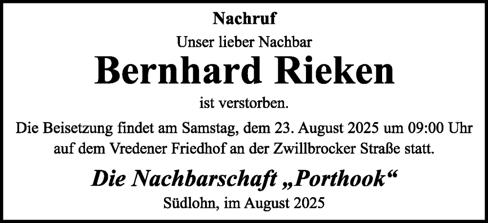  Traueranzeige für Bernhard Rieken vom 19.08.2025 aus Münsterland Zeitung