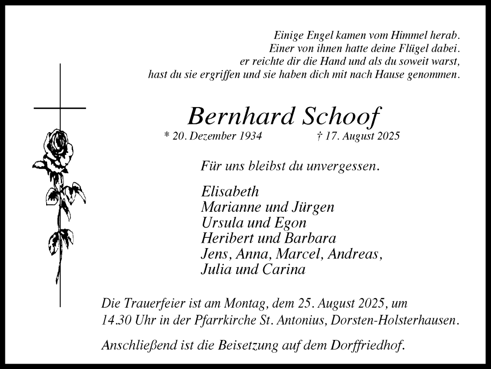  Traueranzeige für Bernhard Schoof vom 23.08.2025 aus Ruhr Nachrichten und Dorstener Zeitung