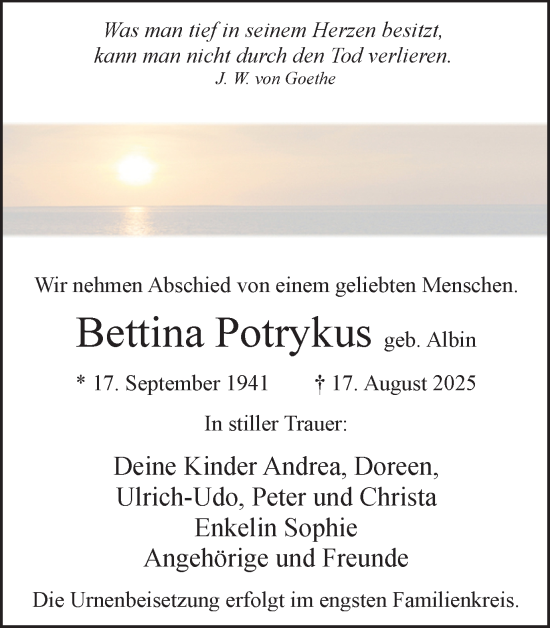 Traueranzeige von Bettina Potrykus von Hellweger Anzeiger