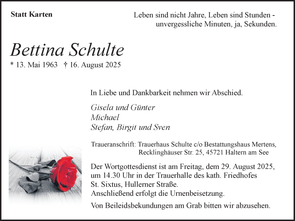  Traueranzeige für Bettina Schulte vom 23.08.2025 aus Ruhr Nachrichten und Halterner Zeitung