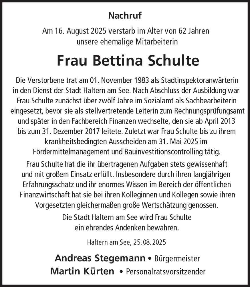  Traueranzeige für Bettina Schulte vom 27.08.2025 aus Ruhr Nachrichten und Halterner Zeitung