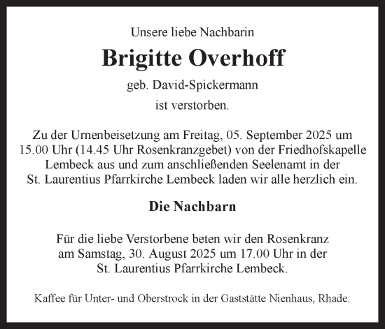 Traueranzeige von Brigitte Overhoff von Ruhr Nachrichten und Dorstener Zeitung
