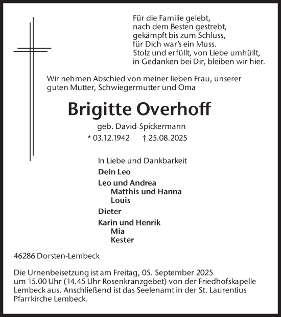 Traueranzeige von Brigitte Overhoff von Ruhr Nachrichten und Dorstener Zeitung