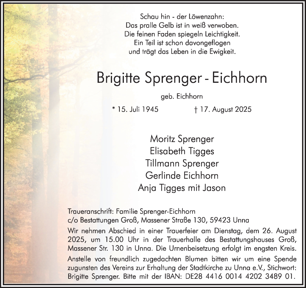  Traueranzeige für Brigitte Sprenger-Eichhorn vom 21.08.2025 aus Hellweger Anzeiger