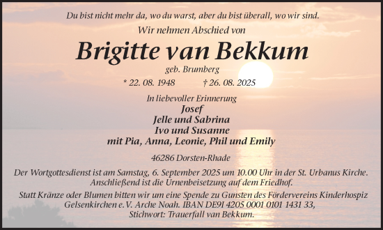 Traueranzeige von Brigitte van Bekkum von Ruhr Nachrichten und Dorstener Zeitung