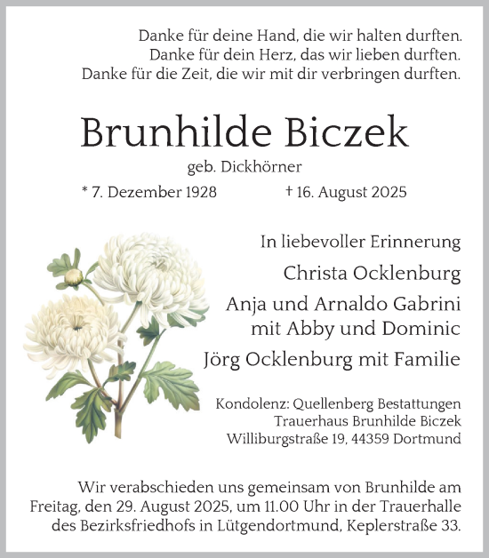 Traueranzeige von Brunhilde Biczek von Ruhr Nachrichten