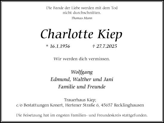 Traueranzeige von Charlotte Kiep von Trauer Vest