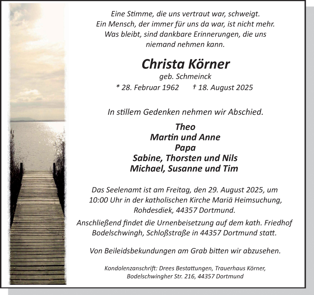  Traueranzeige für Christa Körner vom 23.08.2025 aus Ruhr Nachrichten