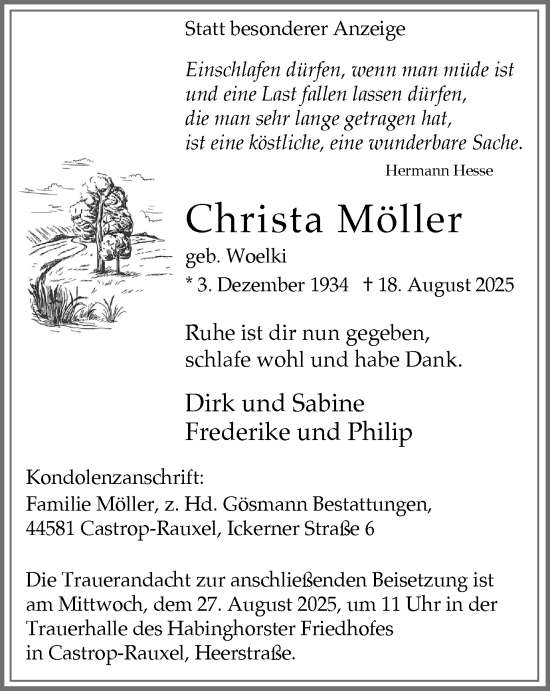 Traueranzeige von Christa Möller von Stadtanzeiger Castrop-Rauxel