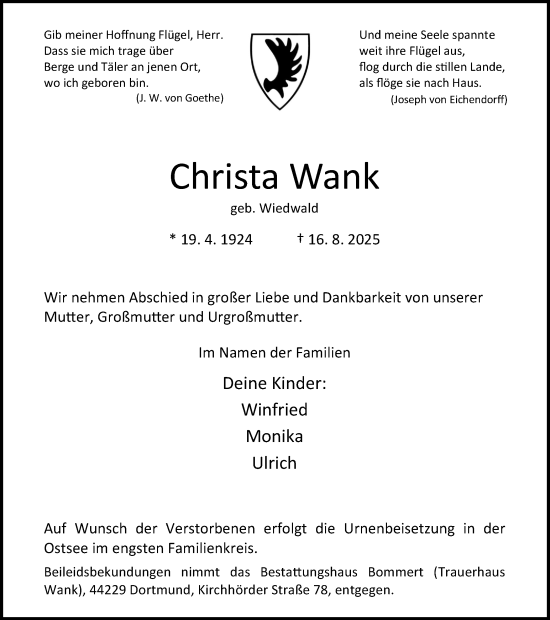 Traueranzeige von Christa Wank von Ruhr Nachrichten