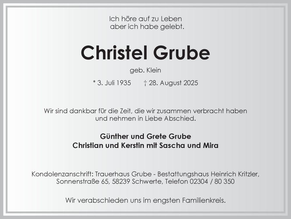  Traueranzeige für Christel Grube vom 30.08.2025 aus Ruhr Nachrichten