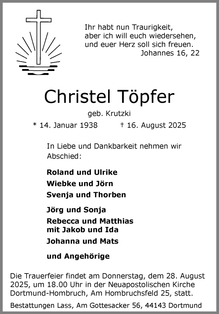 Traueranzeige für Christel Töpfer vom 23.08.2025 aus Ruhr Nachrichten