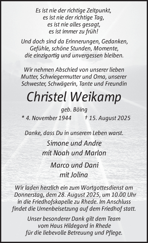  Traueranzeige für Christel Weikamp vom 25.08.2025 aus 