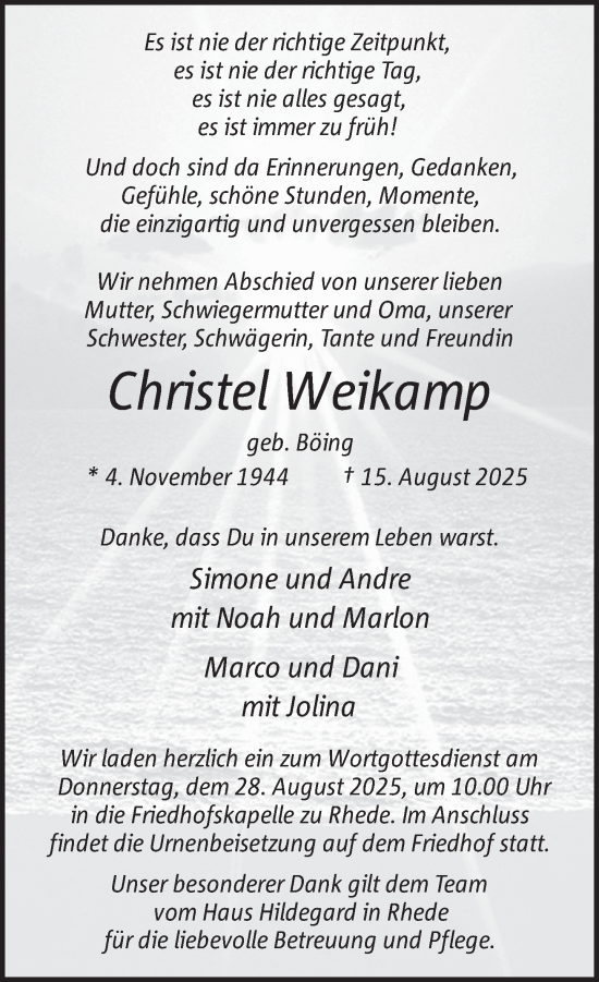 Traueranzeige von Christel Weikamp 