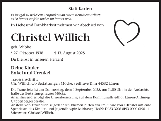 Traueranzeige von Christel Willich von Lüner Anzeiger