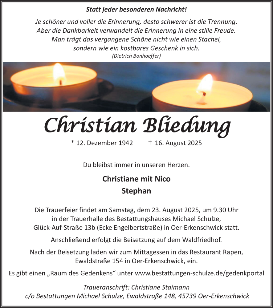  Traueranzeige für Christian Bliedung vom 20.08.2025 aus Trauer Vest
