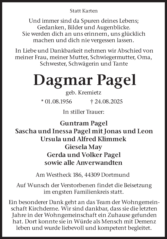  Traueranzeige für Dagmar Pagel vom 30.08.2025 aus Ruhr Nachrichten