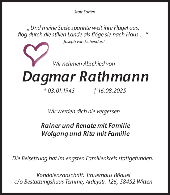 Traueranzeige von Dagmar Rathmann von Ruhr Nachrichten