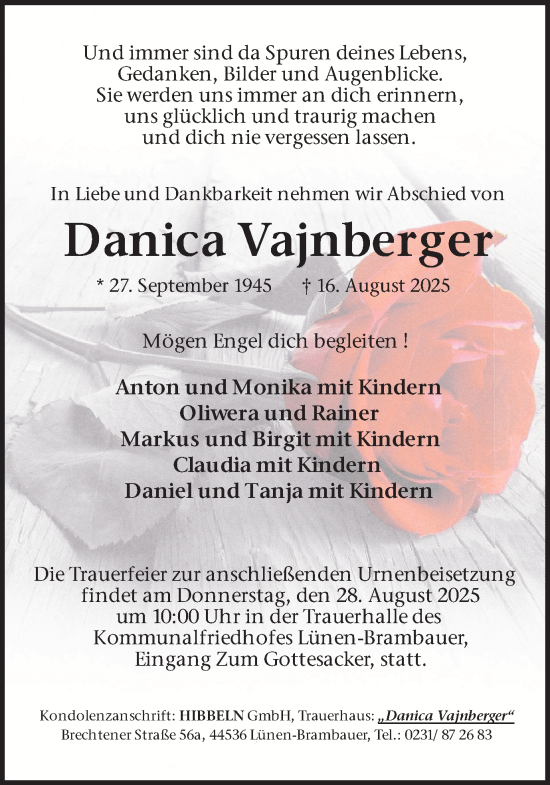 Traueranzeige von Danica Vajnberger von Lüner Anzeiger