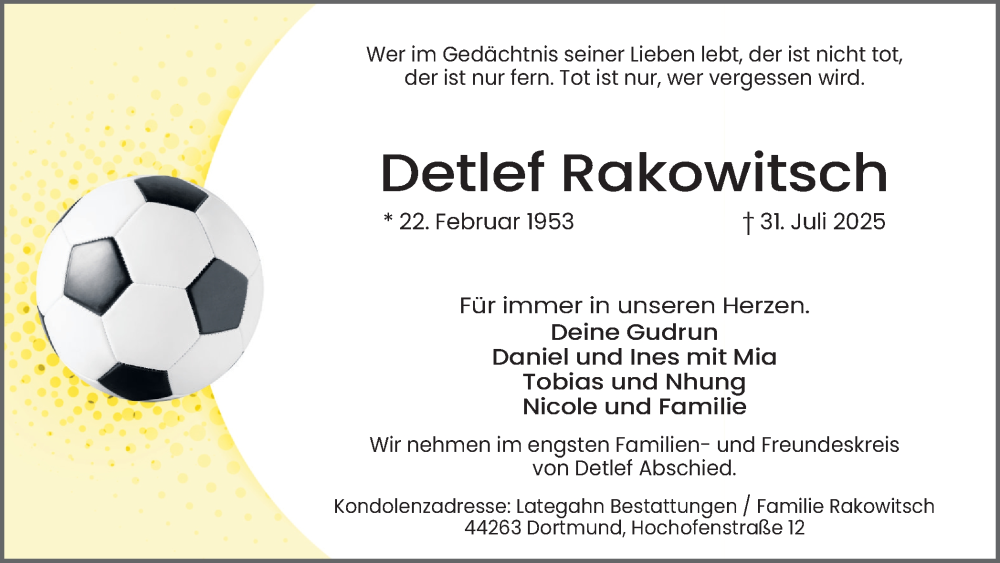  Traueranzeige für Detlef Rakowitsch vom 09.08.2025 aus Ruhr Nachrichten