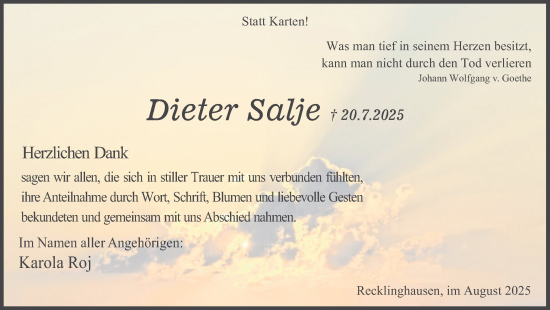 Traueranzeige von Dieter Salje von Trauer Vest